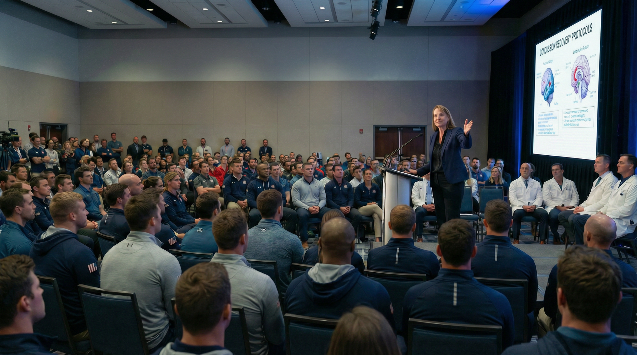 Expert Keynote on Concussion Recovery & Brain-Fascia System for Elite Athletes NHL Olympics athletes Simone Fortier neuroscience expert presenting on stage to a large audience of athletes about concussion recovery, with a brain diagram on the screen behind her.