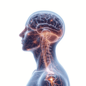 3D visualization of the brain connected to fascial lines throughout the body with neural pathways and fluid flow