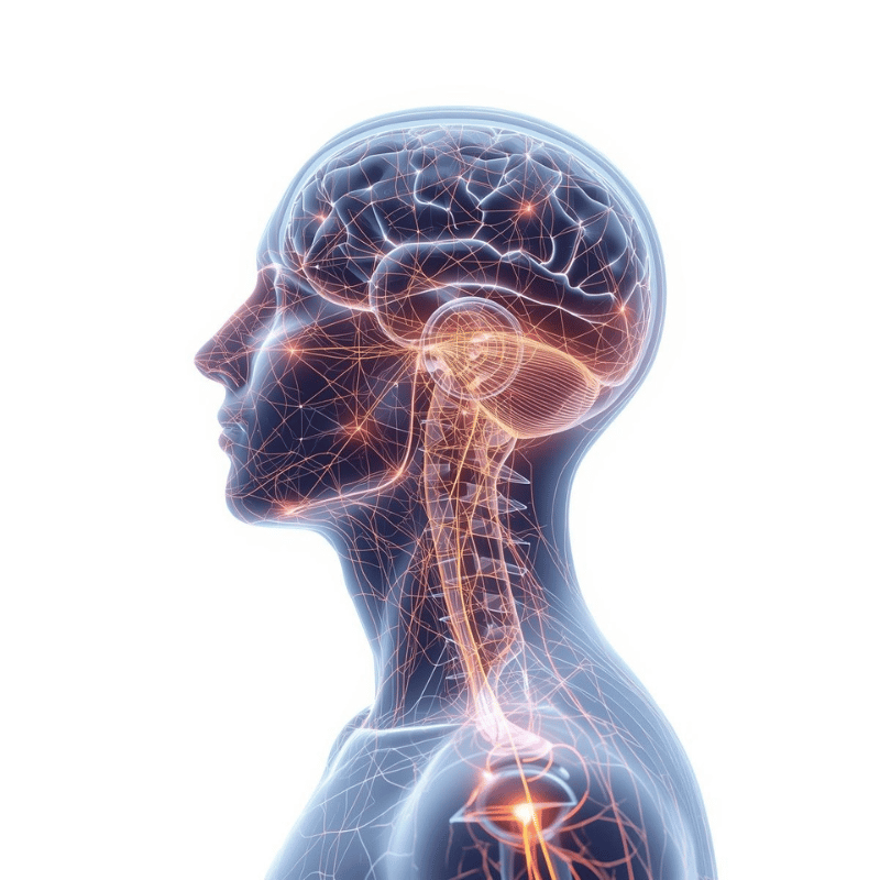 3D visualization of the brain connected to fascial lines throughout the body with neural pathways and fluid flow