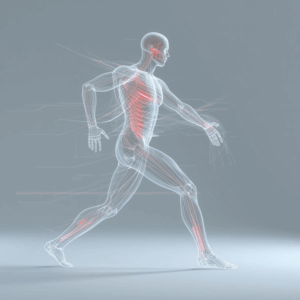 Athletic figure showing fascial tension lines and force transfer through the body during movement.