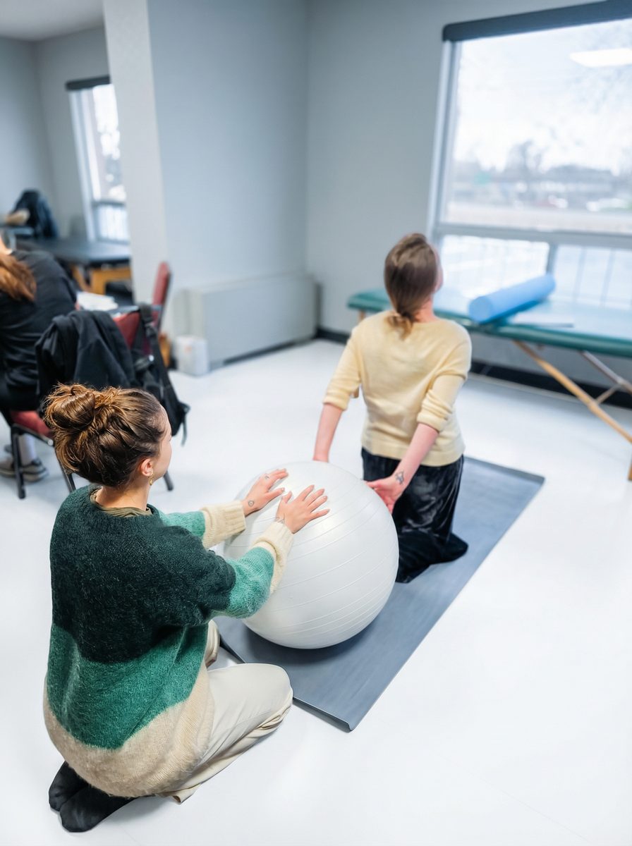 Students practicing fascia release with stability ball – Simone Fortier certification