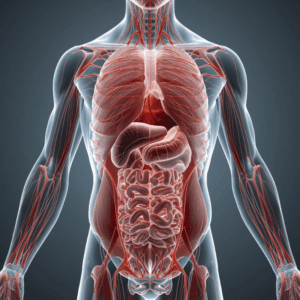 3D anatomical visualization showing fascial restriction compressing muscles and organs with tension patterns