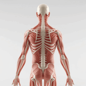 3D visualization of the human fascial system integrated with the skeletal structure showing tension lines and force distribution