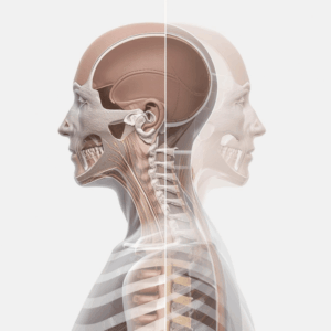 Side profile comparison showing collapsed posture versus aligned posture with fascial tension lines and structural differences