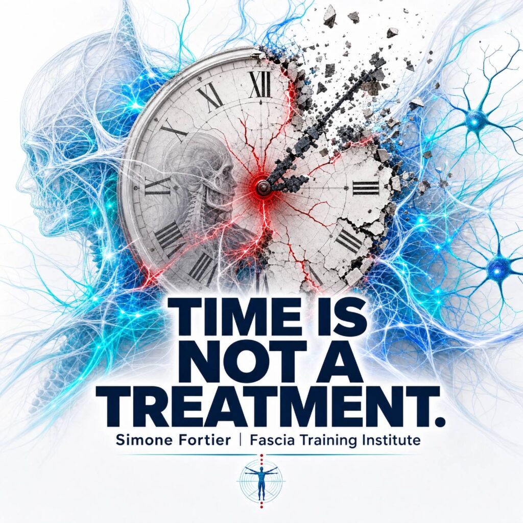 Time Is Not a Treatment — neurofascial recovery concept showing a disintegrating clock surrounded by neural pathways, by Simone Fortier and the Fascia Training Institute