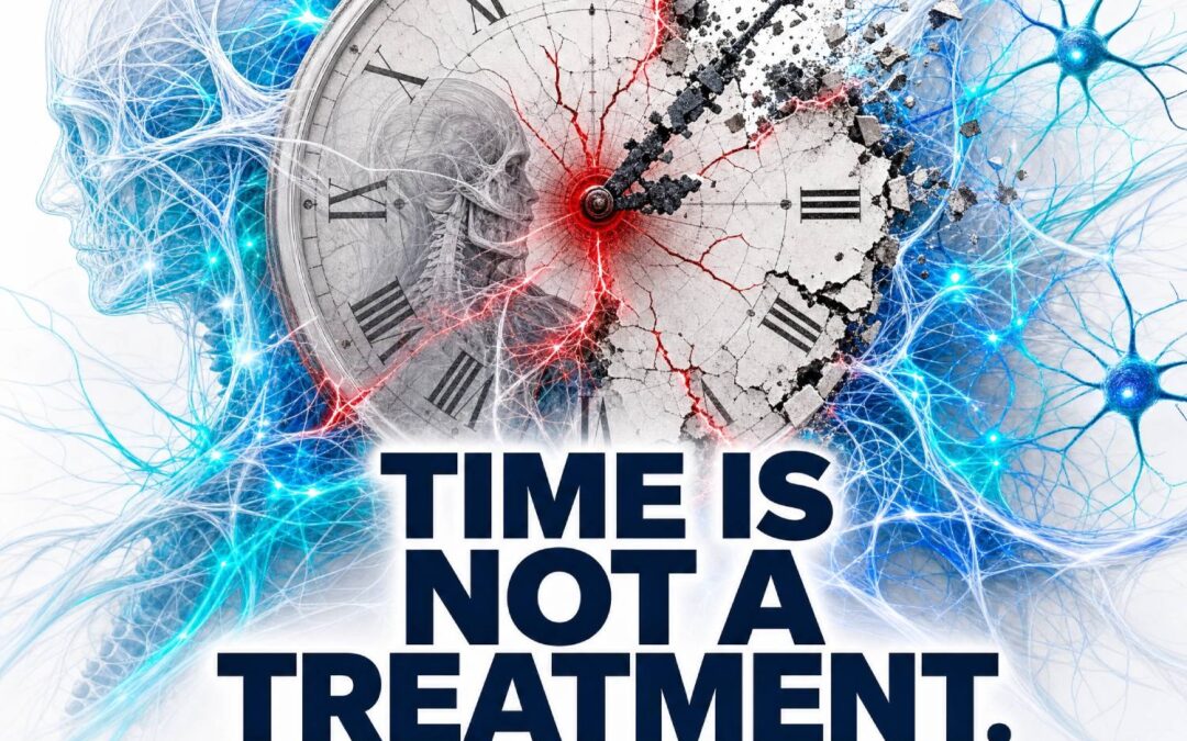 Time Is Not a Treatment — neurofascial recovery concept showing a disintegrating clock surrounded by neural pathways, by Simone Fortier and the Fascia Training Institute