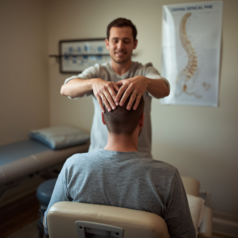 Clinician performing a precise cranial and upper cervical spine assessment on a seated patient in a treatment room, illustrating hands-on evaluation for persistent post-concussion symptoms.