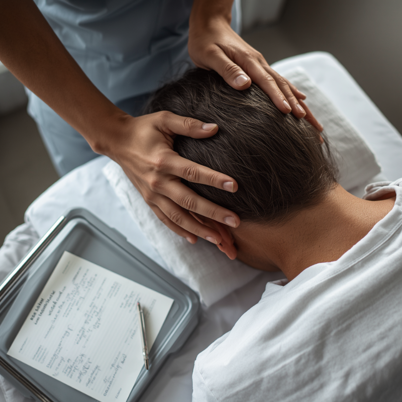 Close-up of a clinician's hands palpating the suboccipital and upper cervical region during a persistent post-concussion symptom assessment.