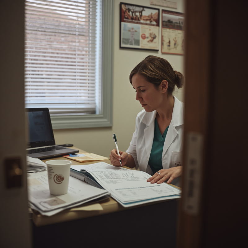 Clinician cross-referencing a patient's case history against current clinical guidelines before determining a persistent post-concussion symptom assessment plan.