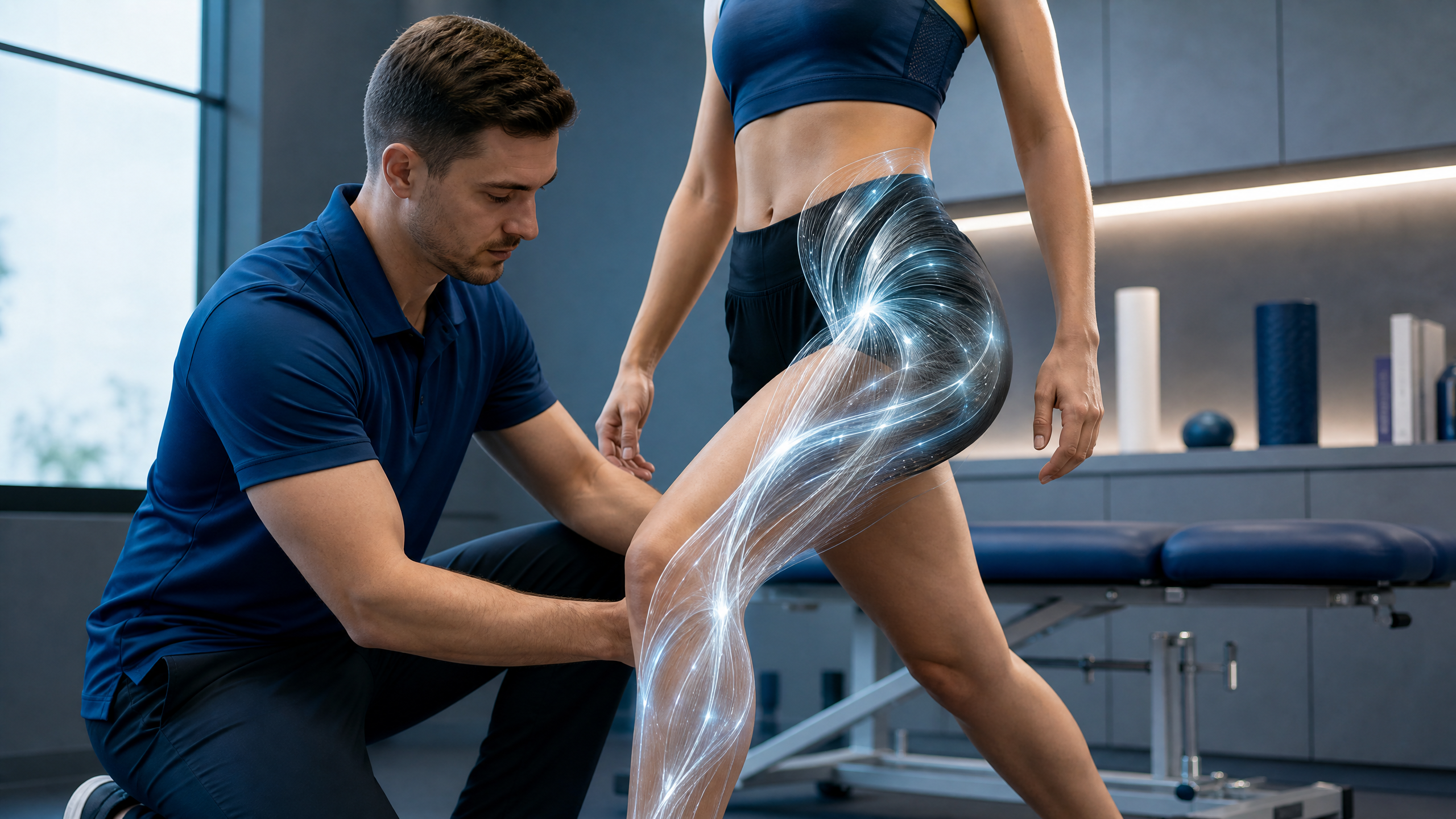 Clinical lower-body movement assessment with a subtle fascia and biomechanics visualization