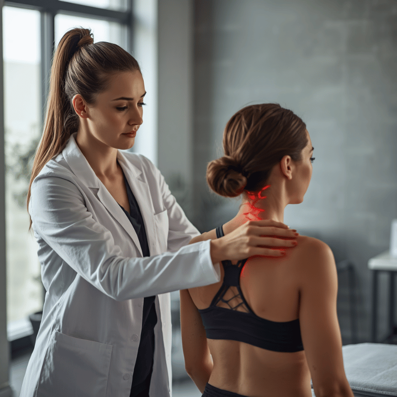 Practitioner measuring range of motion after fascia intervention