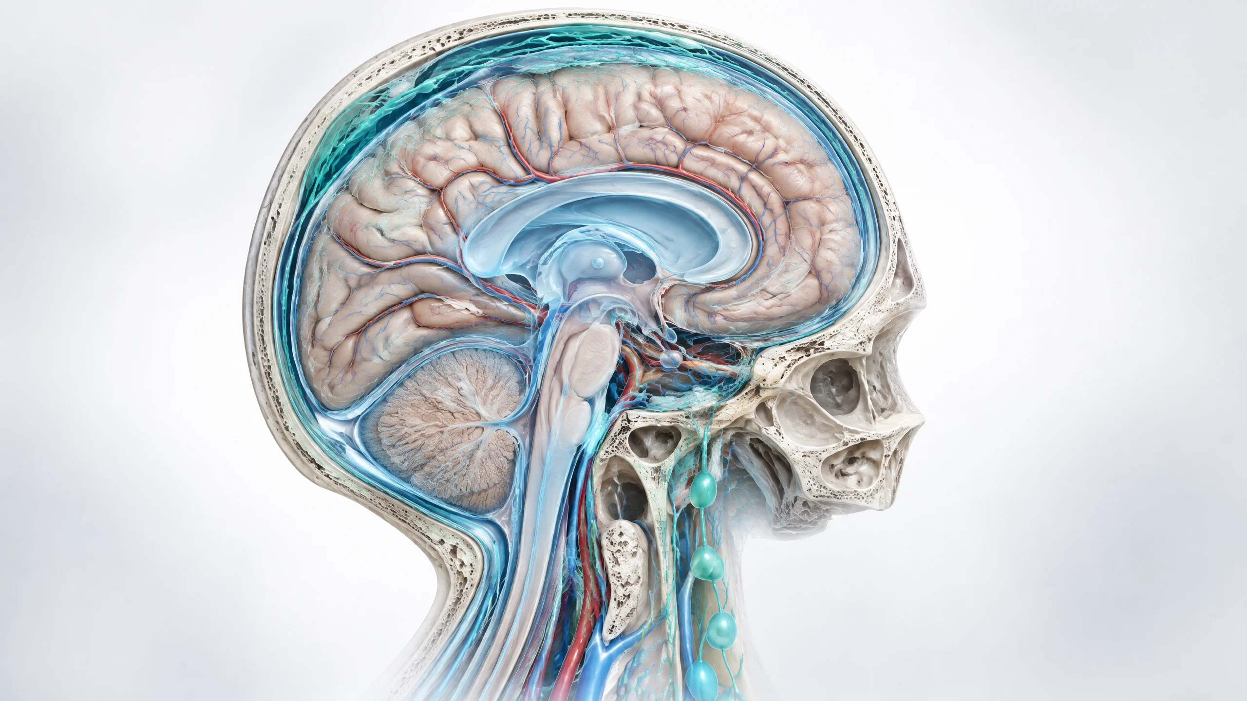 Scientific visualization distinguishing cerebrospinal fluid, glymphatic exchange and meningeal lymphatic pathways. Cerebrospinal fluid, glymphatic exchange and meningeal lymphatic pathways surrounding the brain
