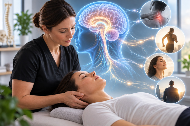dynamic_brain_healing Clinician performing a precise cranial and upper cervical spine assessment on a seated patient in a treatment room, illustrating hands-on evaluation for persistent post-concussion symptoms.