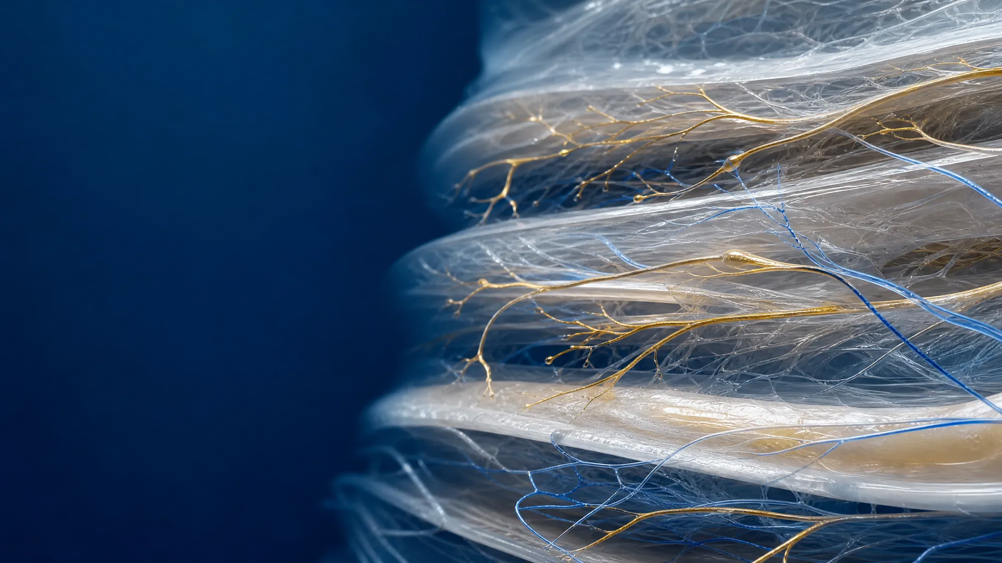 Scientific visualization of sensory nerve branches and free nerve endings within layered fascial tissue.