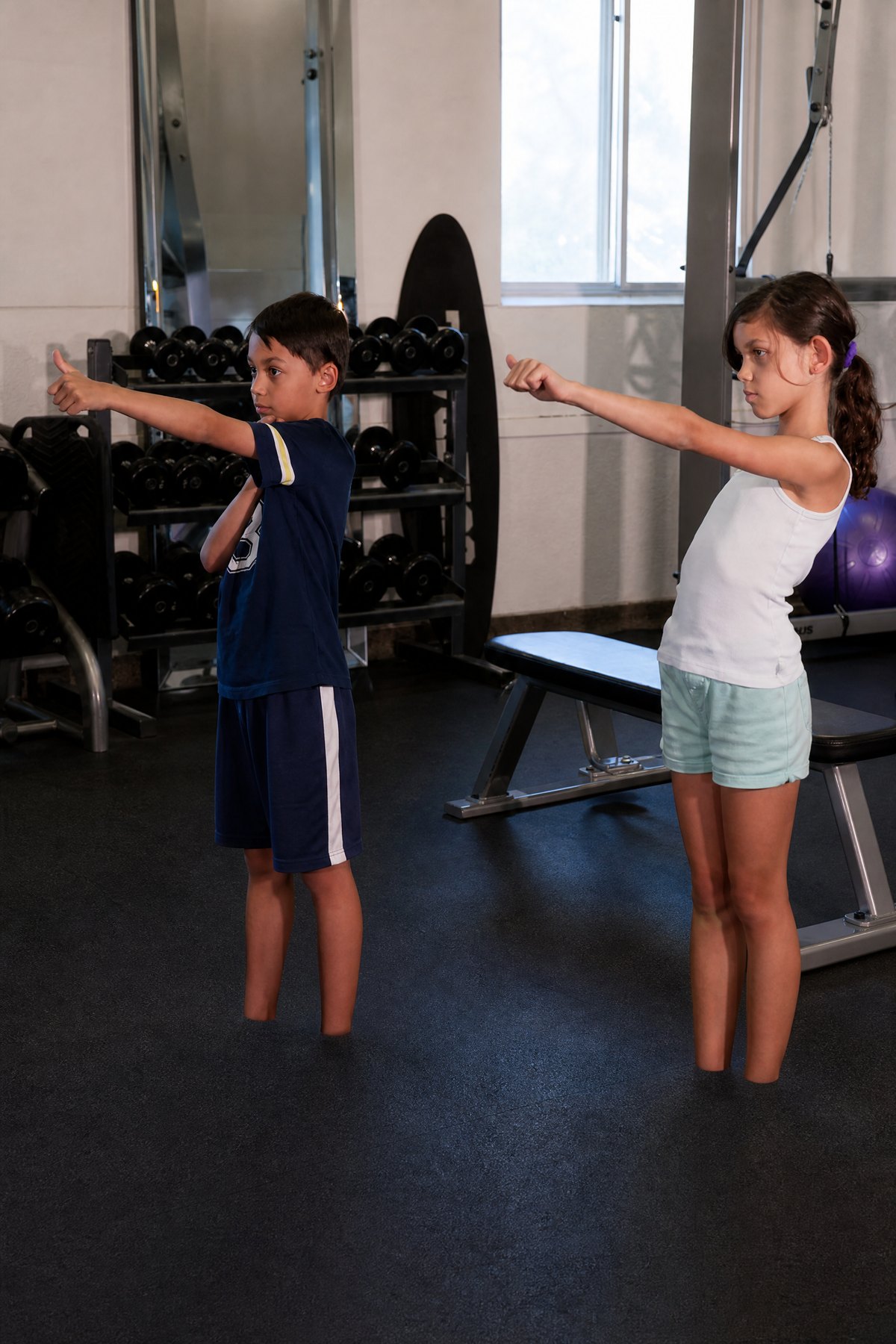 Two children performing a coordinated arm movement exercise in a training studio.