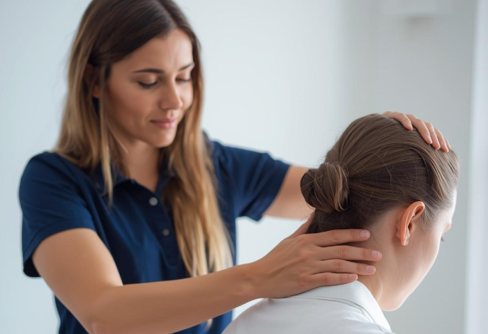 head-treatment Close-up of a clinician's hands palpating the suboccipital and upper cervical region during a persistent post-concussion symptom assessment.