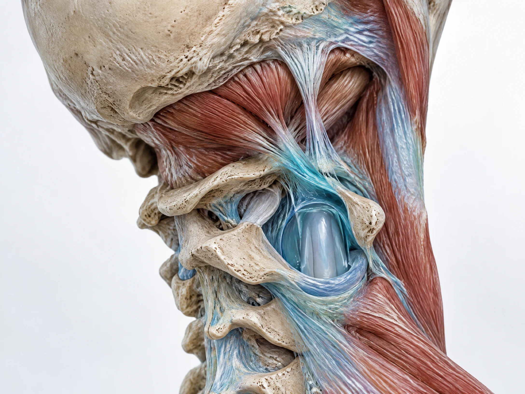Anatomical visualization of the upper cervical soft tissues, spinal dura and myodural bridge. Myodural bridge connecting the upper cervical soft tissues with the spinal dura