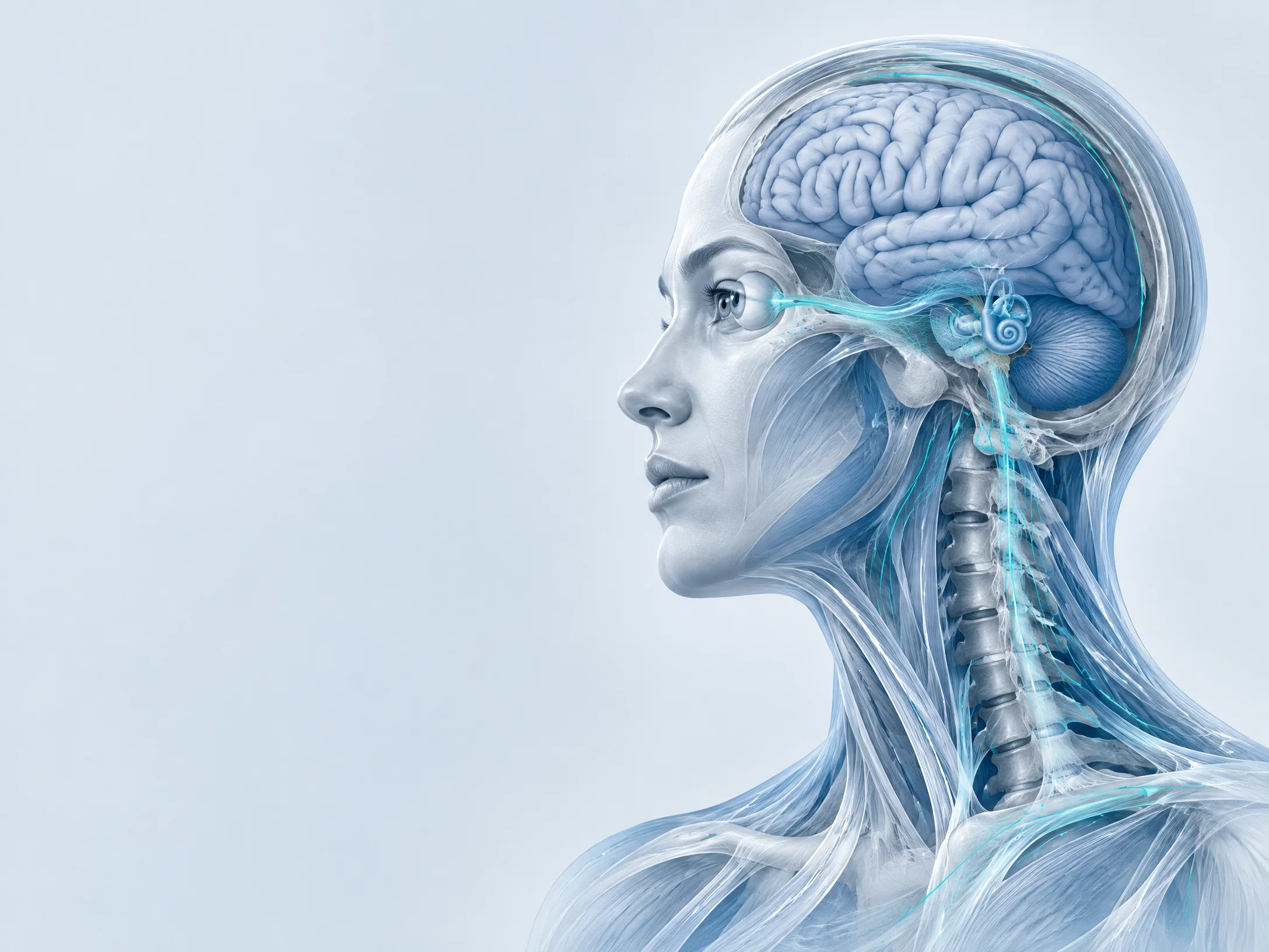 Persistent concussion recovery systems illustration Editorial clinical illustration showing the brain, cranium, upper cervical region, sensory systems, and force transmission in persistent concussion recovery.