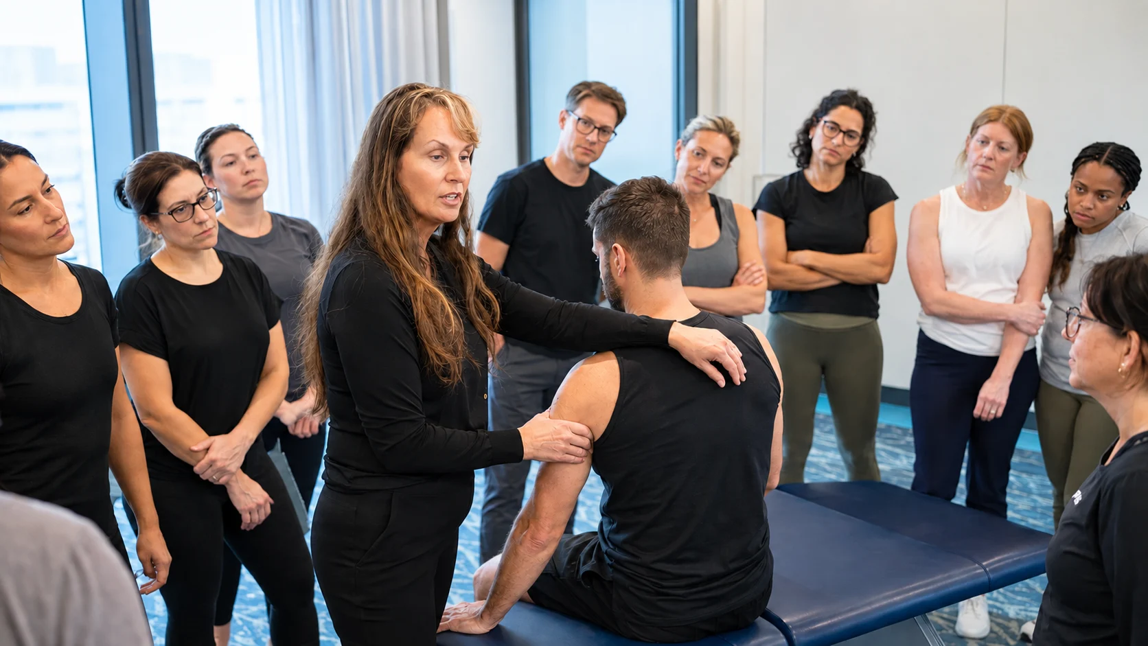 Simone Fortier leading an FTI practitioner training demonstration. Simone Fortier leading a Dynamic Brain Healing practical training demonstration at Fascia Training Institute