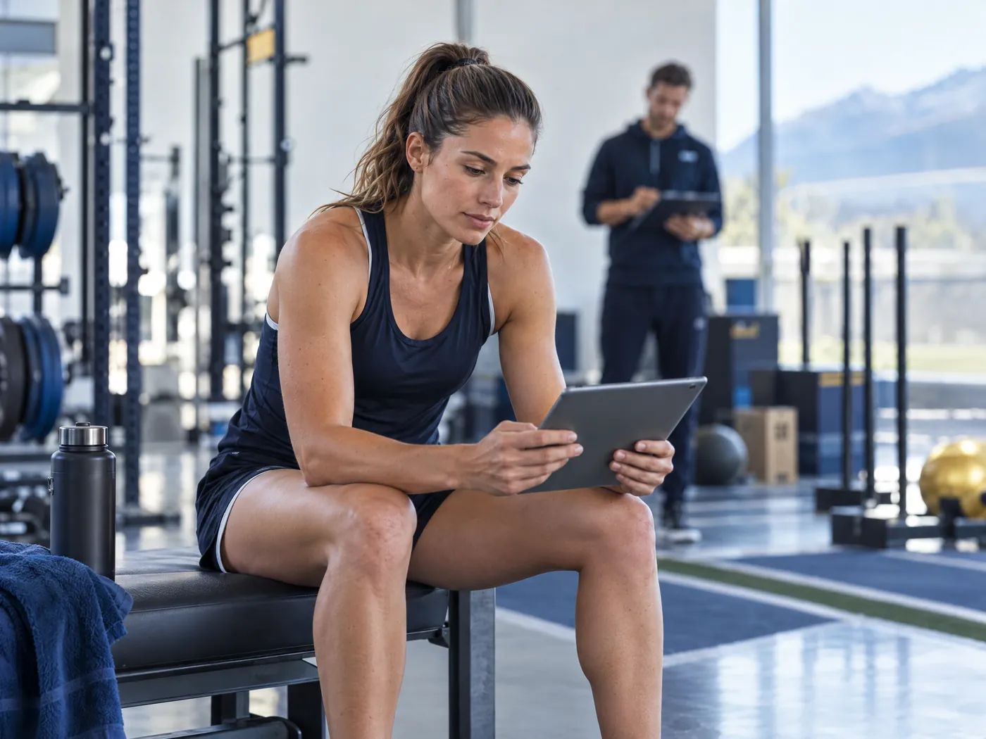 Elite athlete reviewing her brain performance assessment during training