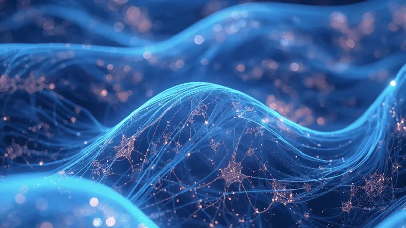 Abstract blue network of flowing strands and branching connections.