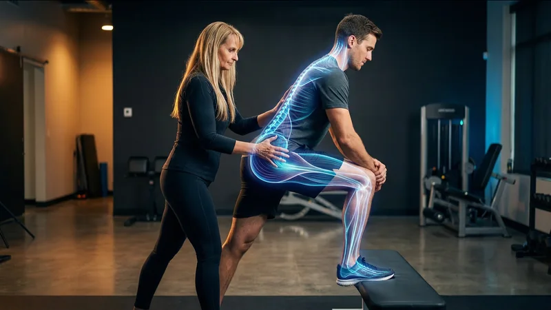 Illustration of a practitioner guiding a man’s step-up, with a blue anatomical overlay along his back and leg.