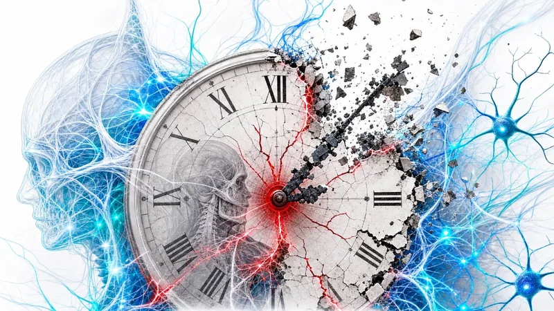 Illustration of a clock breaking apart beside a translucent head and blue nerve pathways.