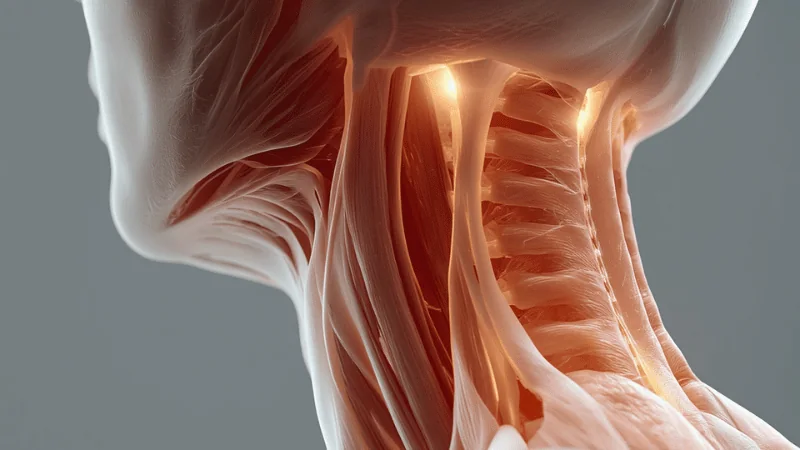Anatomical illustration of muscles, nerves and connective tissues along the back of the neck.