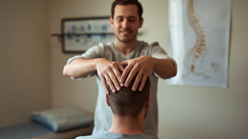Practitioner placing both hands on the head of a seated patient in a treatment room.