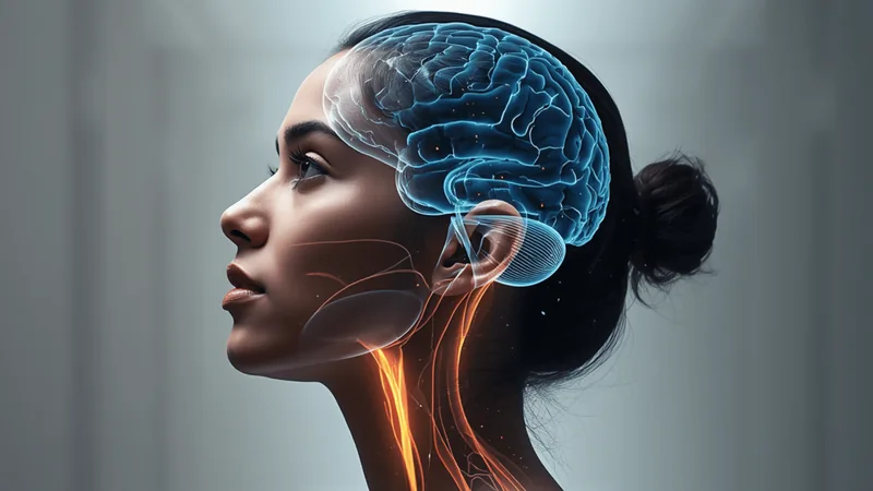 Side profile of a woman with an illustrated brain and nerve pathways extending into her neck.