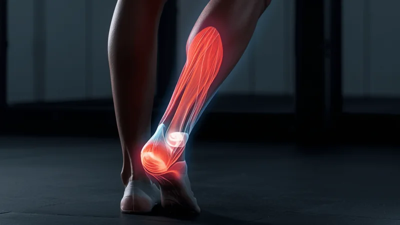Illustration of calf muscles and tendons overlaid on a person’s lower legs.