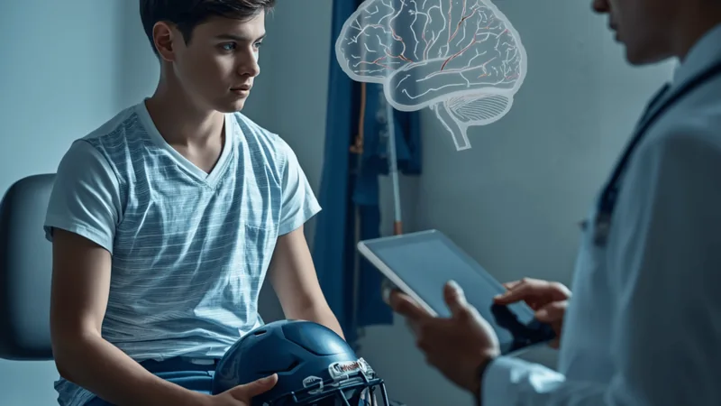 Young athlete holding a helmet while a clinician uses a tablet beside an illustrated brain.