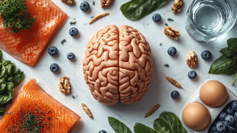 A model brain surrounded by salmon, blueberries, walnuts, leafy greens, eggs and a glass of water.
